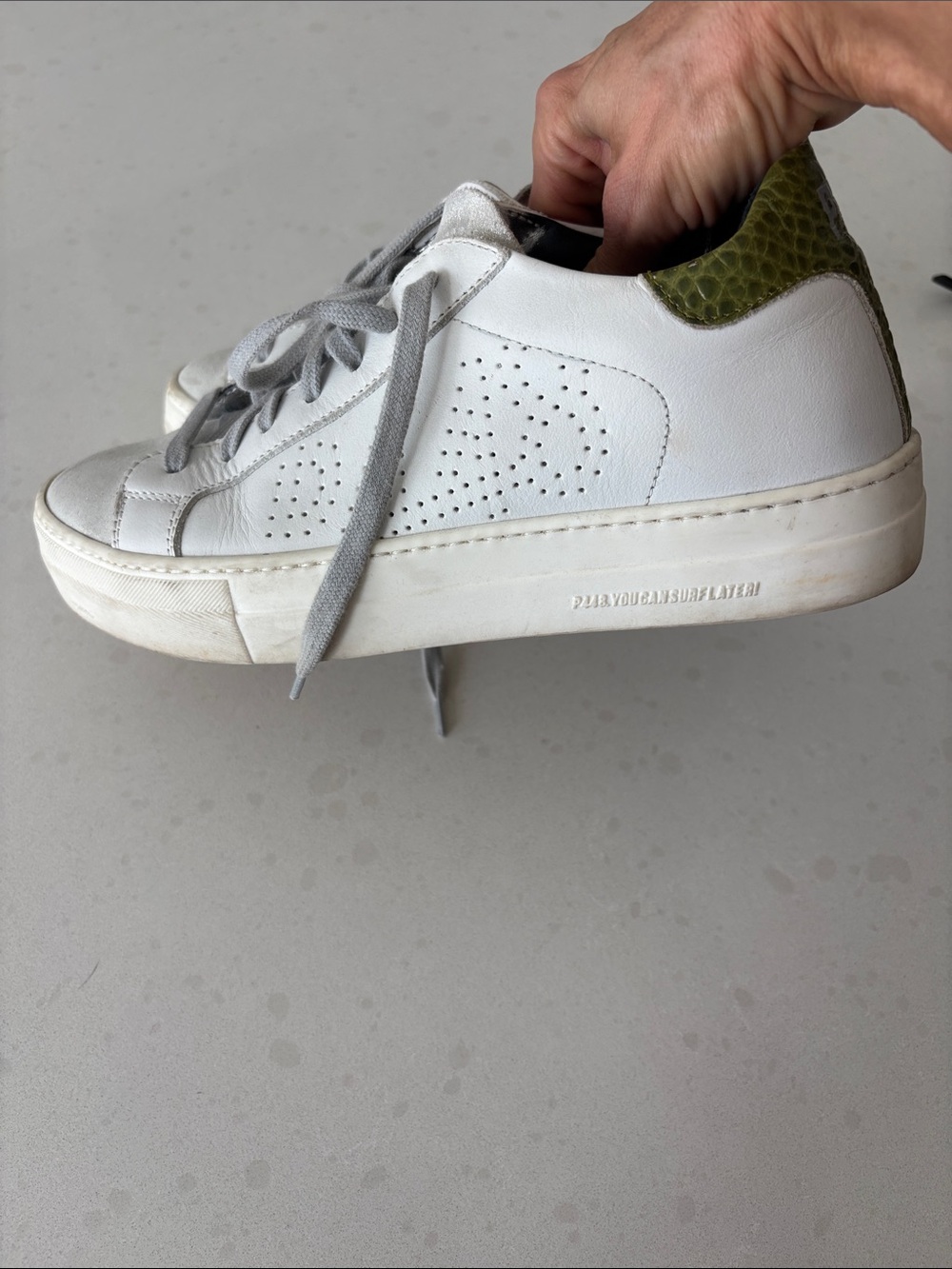 P448 White Leather Low-Top Sneakers with Olive Heel